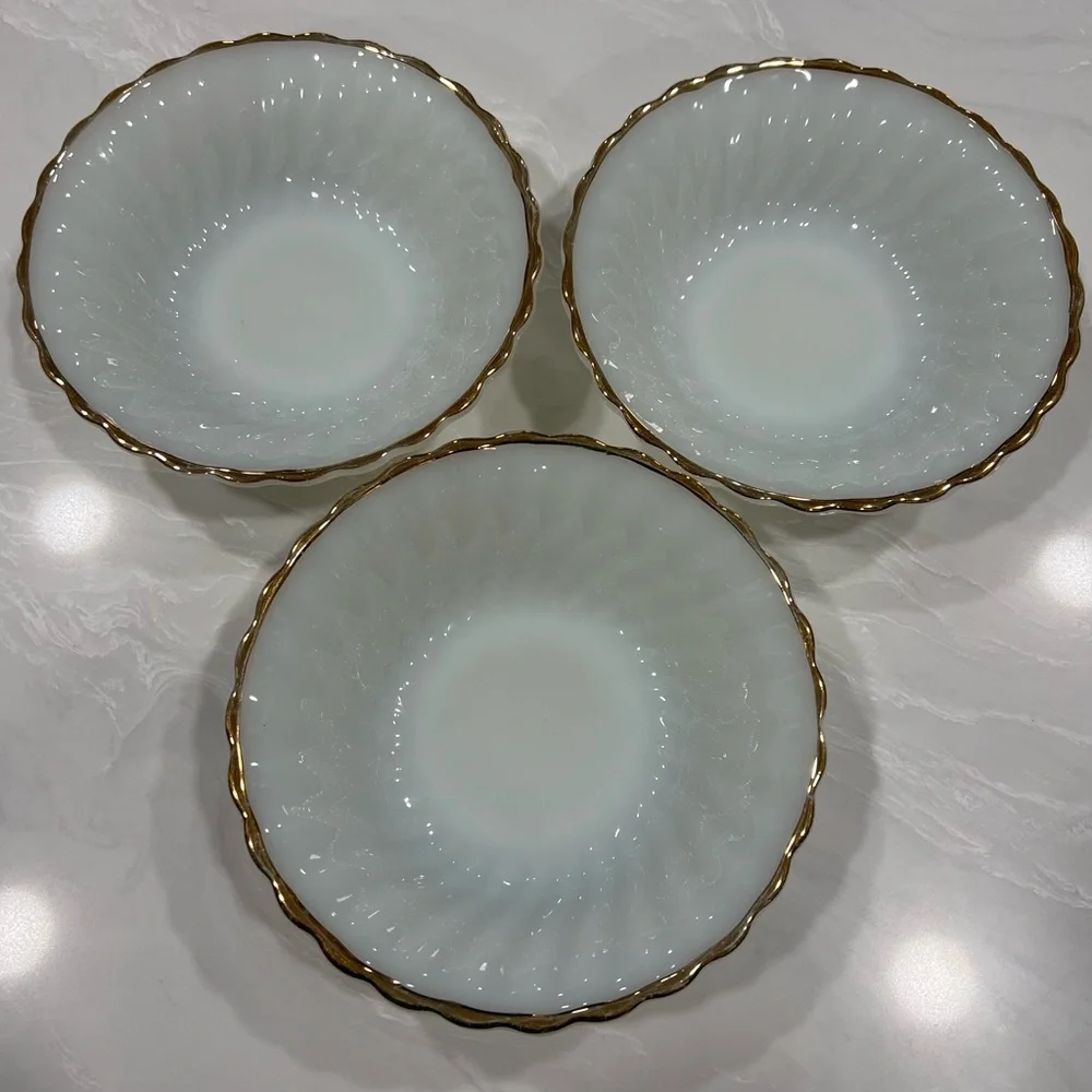 Anchor Hocking Milk Glass Swirl Gold Trim Bowls Set of 3 Cottagecore Classic